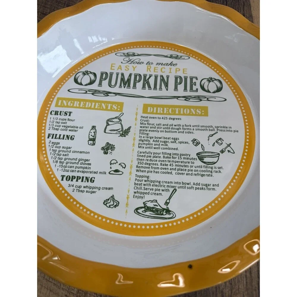 Ceramic Pumpkin Pie Plate With Recipe Yellow Pie Pan 11” Round